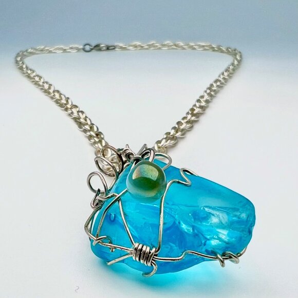 Handmade Wire Wrapped Blue Art Glass Pendant Necklace Drop Accent - Picture 7 of 10
